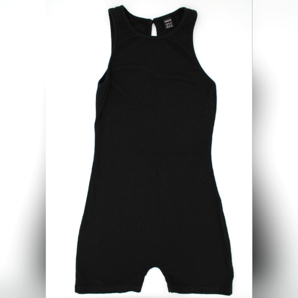 Black Ribbed Fitted Tank Romper by Shein (XS)